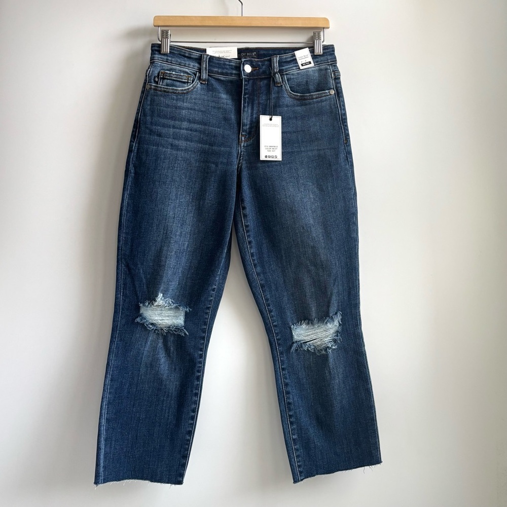 Judy Blue Mid-Rise Distressed Slim Fit Blue Denim Jean Hem Was Cut Out Size 5/27